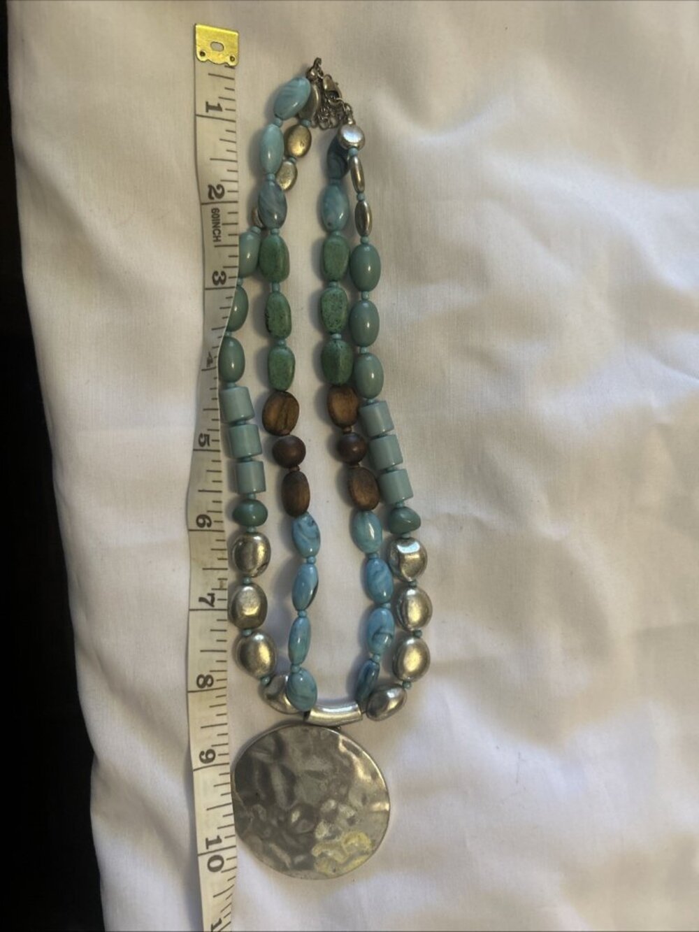 Silver tone beaded Blue statement necklace 18- 20” chunky 2” Metal pendant